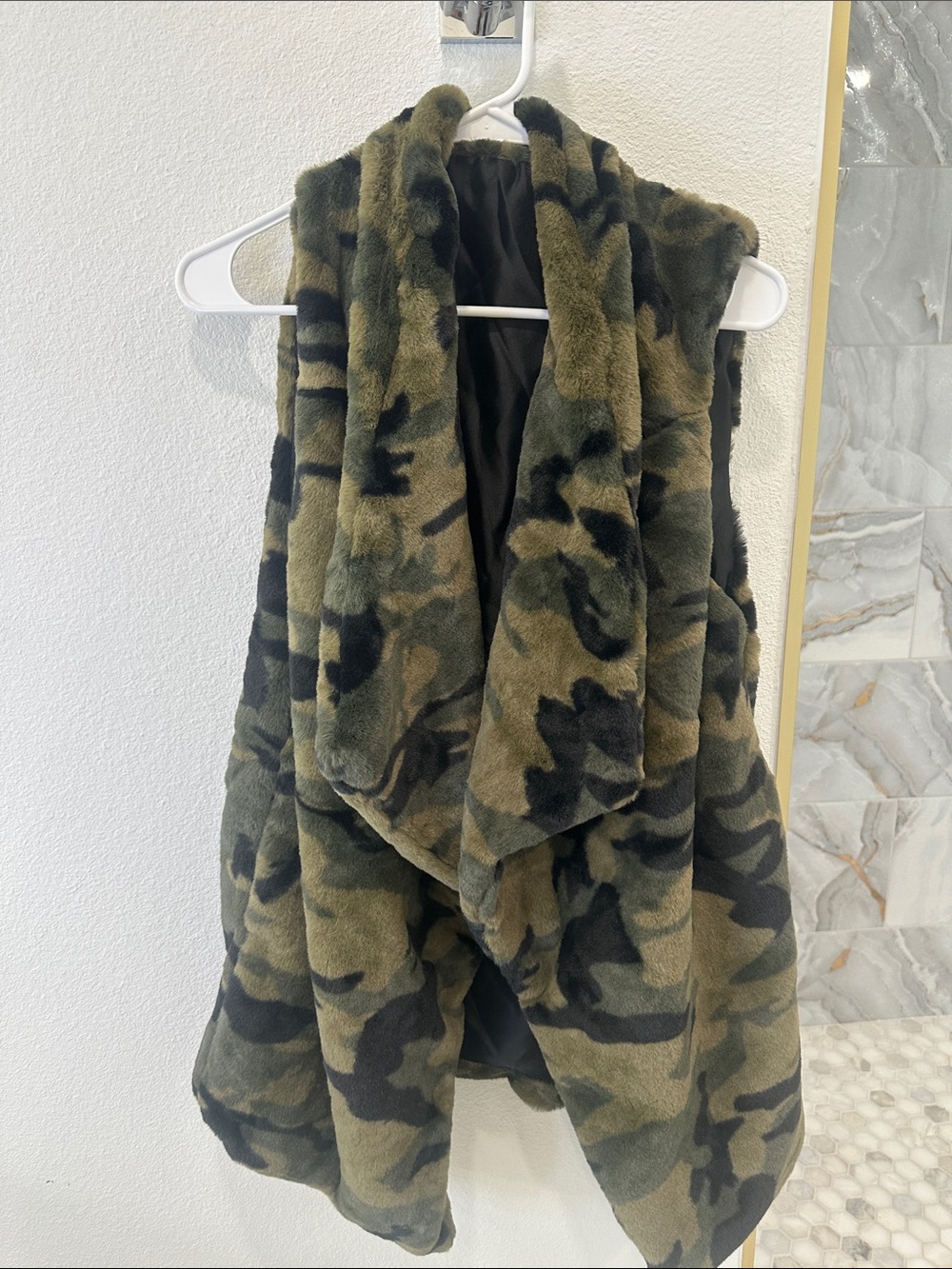 Faux Fur Camo Draped Vest - Olive Green Camouflage